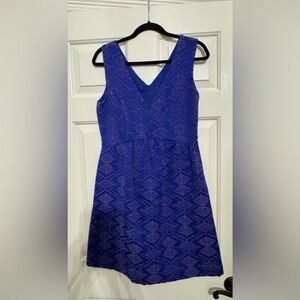 Maeve Blue Patterned Tone on Tone V-neck Fit and Flare Dress